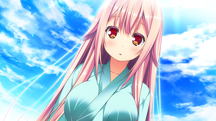 1girl cloud clouds collarbone female game_cg giga harvest_overray light_rays long_hair long_sleeves looking_at_viewer pink_hair red_eyes solo straight_hair sunbeam sunlight tamaki_yuuka usume_shirou