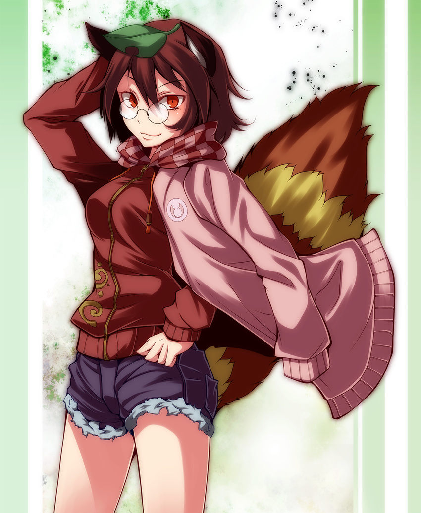 animal_ears bad_id bad_pixiv_id brown_hair contemporary denim denim_shorts futatsuiwa_mamizou glasses highres jacket jacket_on_shoulders leaf leaf_on_head looking_at_viewer pince-nez raccoon_ears raccoon_tail red_eyes s-syogo short_hair shorts smile solo tail touhou