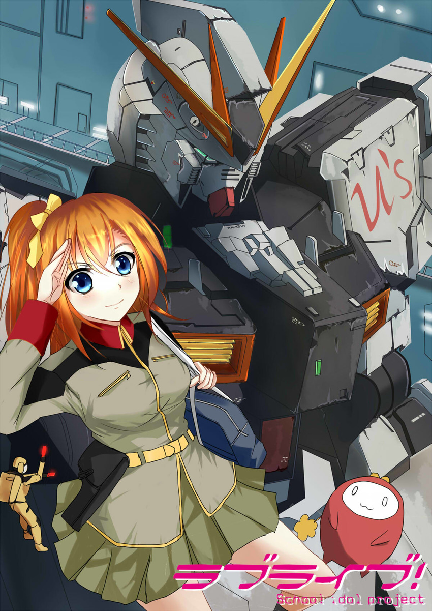 bag blue_eyes char's_counterattack company_connection crossover earth_federation gundam highres kousaka_honoka long_hair love_live! love_live!_school_idol_project mecha nu_gundam one_side_up orange_hair ponytail ribbon salute shoulder_bag skirt sunrise_(company) tianyu_jifeng yellow_ribbon