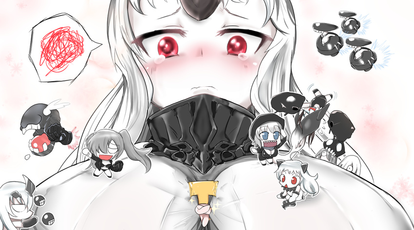 6+girls aircraft airplane anchorage_hime between_breasts bikini biting black_bikini blush breasts broken_tooth chibi claws detached_sleeves escort_fortress_(kantai_collection) floating_fortress_(kantai_collection) hooded horn horns kagitsume kantai_collection large_breasts long_hair miniboy minigirl multiple_girls no_pupils northern_ocean_hime outstretched_arm pale_skin person_between_breasts re-class_battleship red_eyes rocket_punch ru-class_battleship seaport_hime shading_eyes sharp_teeth shinkaisei-kan so-class_submarine southern_ocean_oni spoken_squiggle squiggle swimsuit t-head_admiral ta-class_battleship teeth twintails wa-class_transport_ship white_hair wide-eyed