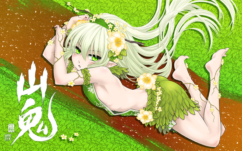 antaria bare_shoulders barefoot feet flower green_eyes green_hair green_hairband hair_flower hair_ornament hairband highres long_hair lying on_stomach original plant pointy_ears skirt solo toes vines