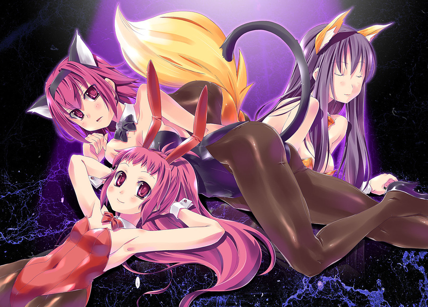 animal_ears armpits black_legwear breasts bunny_ears bunnysuit cat_ears cat_tail cleavage closed_eyes fox_ears fox_tail highres imu_sanjo kittysuit leotard long_hair looking_at_viewer lying medium_breasts multiple_girls on_stomach original pantyhose playboy_bunny_leotard purple_hair red_eyes red_hair short_hair smile tail