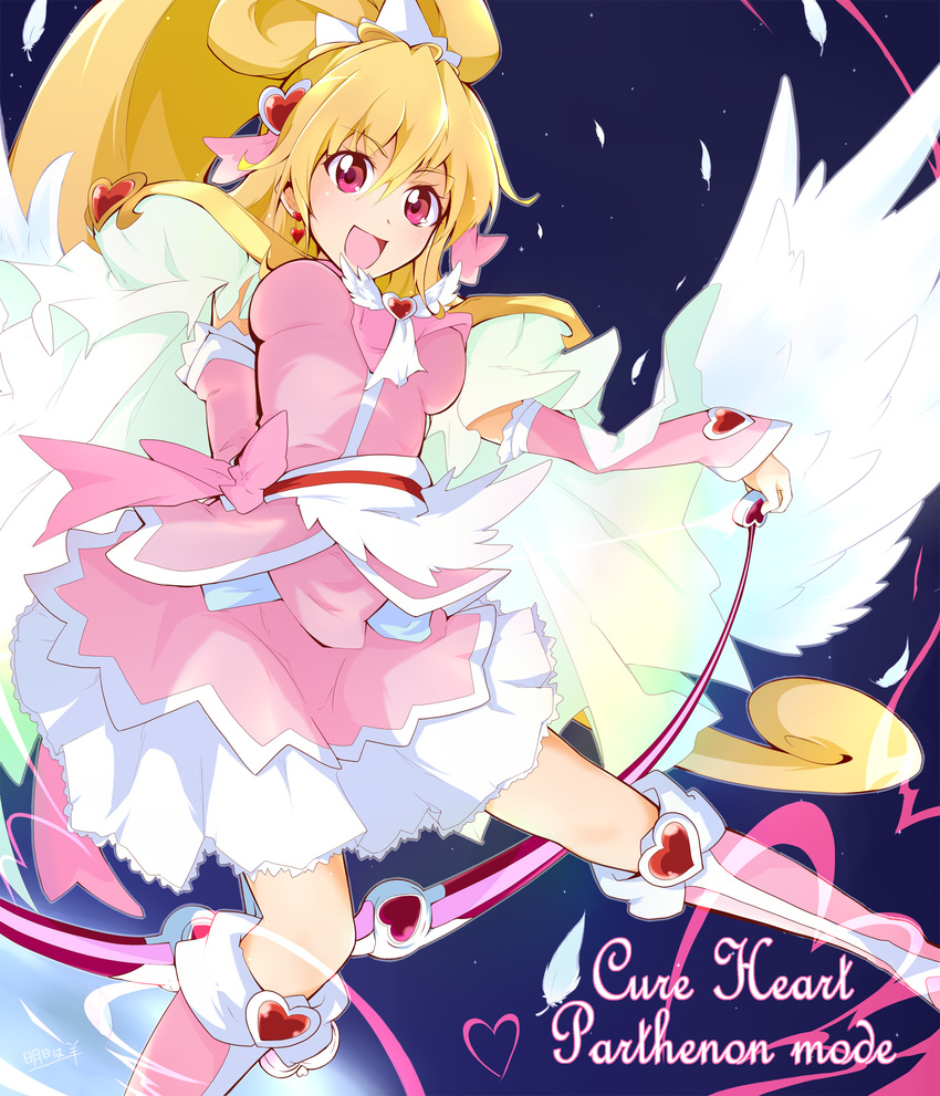 :d aida_mana arm_warmers ashita_wa_hitsuji blonde_hair blue_background boots bow bow_(weapon) cape character_name cure_heart cure_heart_parthenon_mode dokidoki!_precure full_body hair_ornament half_updo heart heart_hair_ornament highres knee_boots long_hair magical_girl open_mouth pink_bow pink_eyes pink_footwear pink_sleeves ponytail precure ribbon smile solo weapon wings