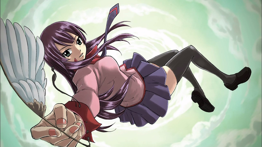 bakemonogatari falling fingernails foreshortening green_eyes legs loafers long_hair looking_at_viewer mashima_hiro miniskirt monogatari_(series) necktie pleated_skirt purple_hair quill school_uniform senjougahara_hitagi shoes skirt sky solo thighhighs zettai_ryouiki