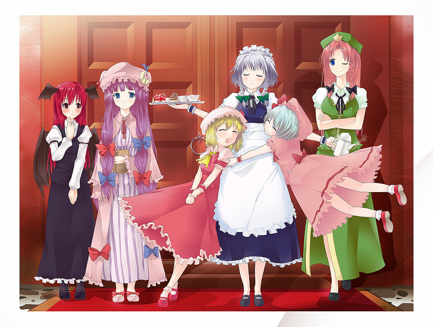 bad_proportions bat_wings blue_vert flandre_scarlet head_wings hong_meiling hug izayoi_sakuya koakuma multiple_girls one_eye_closed patchouli_knowledge remilia_scarlet smile touhou wings