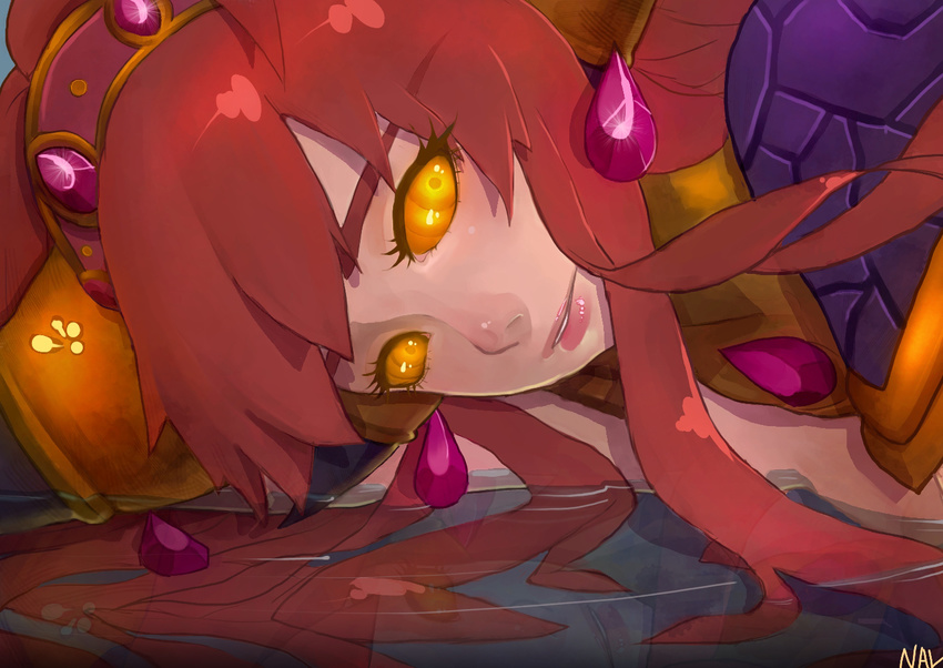 alexstrasza armor artist_request close-up face glowing_eyes horns long_hair looking_back nal_(nal's_pudding) orange_eyes red_hair redhead sad warcraft world_of_warcraft