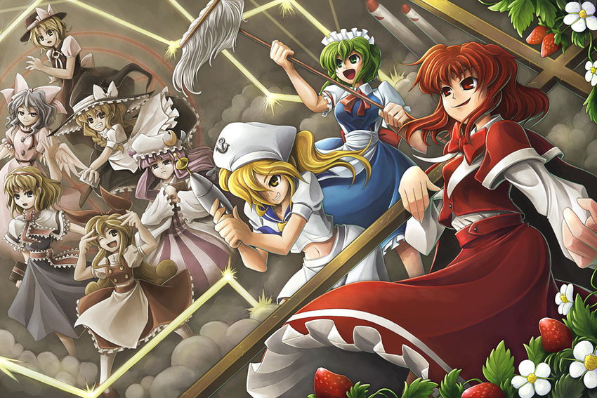 alice_margatroid blonde_hair blue_eyes book braid cross ellen food fruit green_eyes hat kirisame_marisa kitashirakawa_chiyuri koto_tsubane long_hair mai_(touhou) maid mimi-chan multiple_girls okazaki_yumemi patchouli_knowledge red_eyes red_hair ruukoto short_hair strawberry touhou touhou_(pc-98) witch_hat yellow_eyes yuki_(touhou)