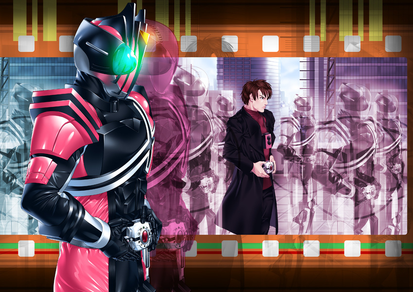 belt camera glowing henshin highres kadoya_tsukasa kamen_rider kamen_rider_dcd kamen_rider_decade suzume_inui twin-lens_reflex_camera