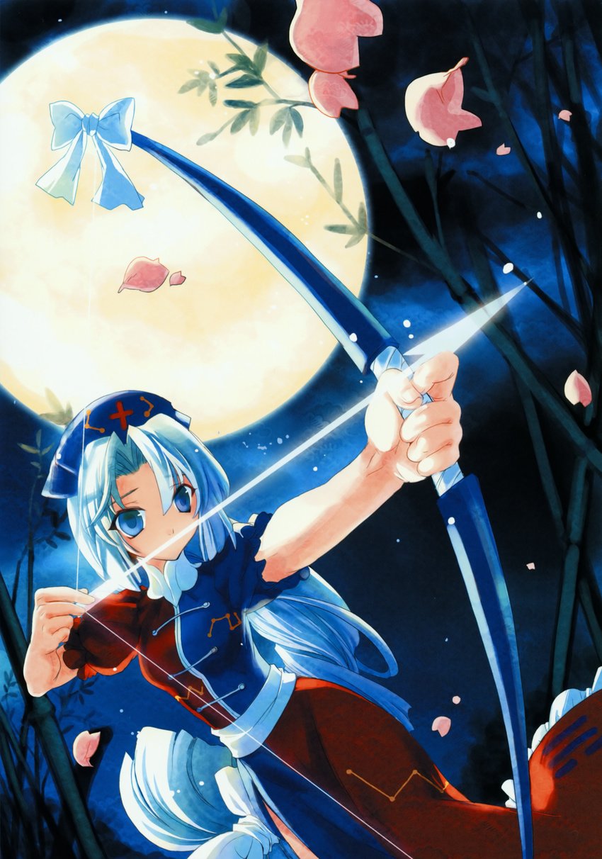 absurdres arrow bamboo bamboo_forest blue_eyes bow_(weapon) forest hakoiri_nekohime hat highres huge_filesize long_hair moon nature petals scan silver_hair solo touhou weapon yagokoro_eirin