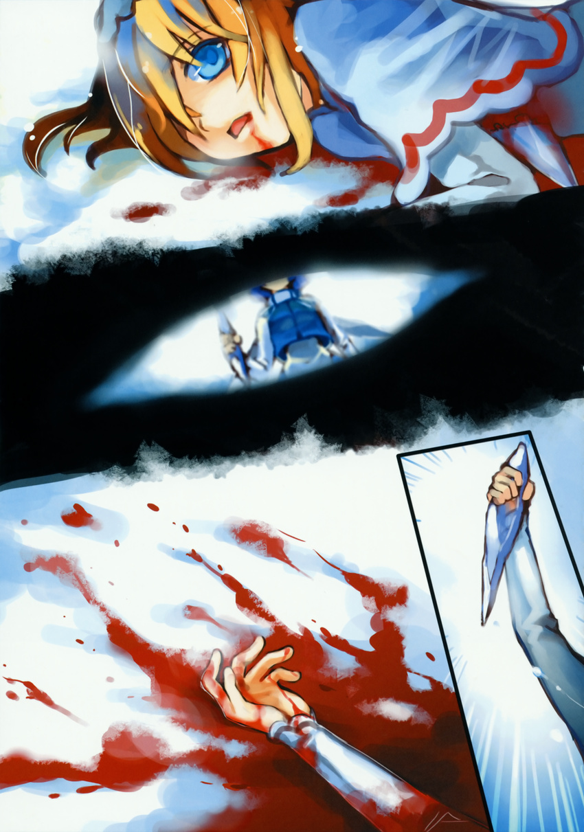 absurdres bad_end blonde_hair blood blue_eyes blue_hair comic death defeat hair_over_one_eye hakoiri_nekohime hat highres ice letty_whiterock lily_white multiple_girls scan short_hair silent_comic touhou violence