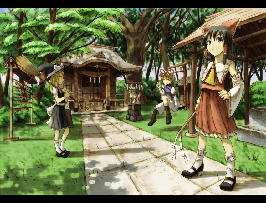 bad_id bad_pixiv_id black_hair blonde_hair blue_eyes bow box broom building day detached_sleeves donation_box ema forest gap gohei hakurei_reimu hand_on_hip hat kirisame_marisa komainu kurione_(zassou) letterboxed mary_janes multiple_girls nature outdoors pavement purple_eyes rope shide shimenawa shoes short_hair shrine torii touhou tree v witch_hat yakumo_yukari yellow_eyes