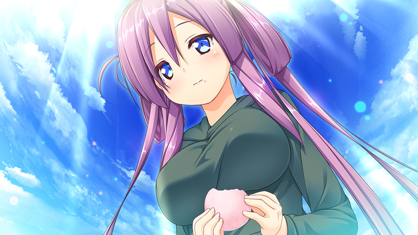 1girl blue_eyes blush breasts cloud clouds eating food game_cg harvest_overray highres large_breasts long_hair looking_down nironiro purple_hair sky solo sunlight usume_shirou