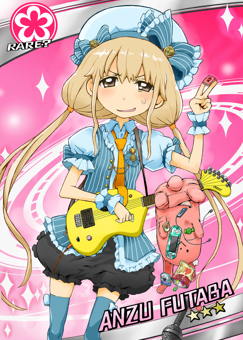 :d brown_eyes brown_hair card_(medium) card_parody character_name cinderella_girls_card_parody digital_media_player earphones earphones_removed futaba_anzu guitar handheld_game_console highres holding idolmaster idolmaster_cinderella_girls instrument long_hair looking_at_viewer low_twintails microphone open_mouth playstation_portable pumpkin_pants pureji_oshou smile solo stuffed_animal stuffed_bunny stuffed_toy sweat thighhighs twintails v-shaped_eyebrows zettai_ryouiki