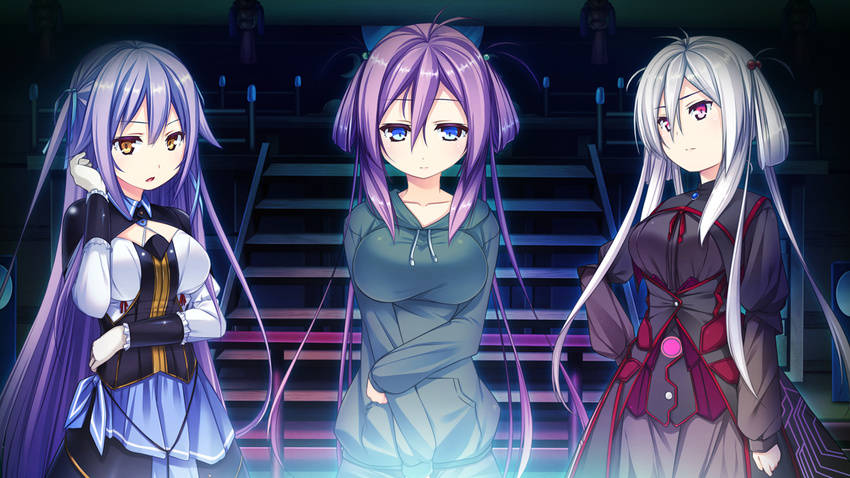 3girls blue_eyes breasts game_cg grey_hair hair_ribbon hand_on_hip harvest_overray highres large_breasts long_hair looking_at_viewer multiple_girls nironiro pink_eyes purple_hair ribbon serious stairs standing usume_shirou yellow_eyes