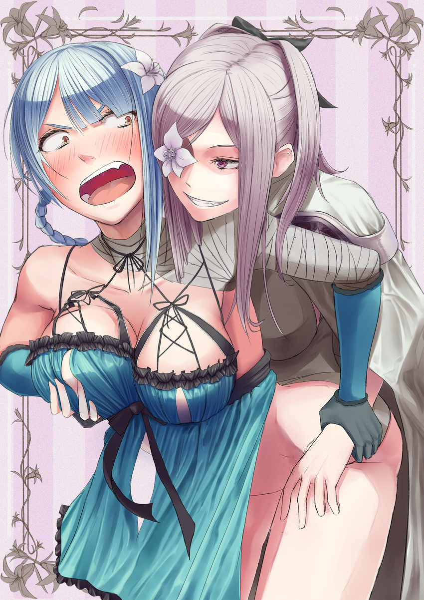 bandages bangs belt blunt_bangs blush bottomless bow braid breasts cleavage detached_sleeves drag-on_dragoon drag-on_dragoon_3 elbow_gloves flower flower_eyepatch frills gloves grey_eyes grin groping hair_bow hair_flower hair_ornament highres kaine_(nier) large_breasts lingerie long_hair mob3 multiple_girls negligee nier nier_(series) red_eyes silver_hair simple_background smile troll_face underwear white_hair yuri zero_(drag-on_dragoon)