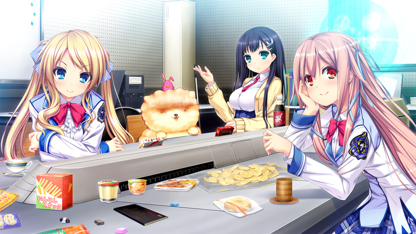 3girls blonde_hair blue_eyes blush bottle breasts candy chips computer food game_cg green_eyes harvest_overray highres large_breasts long_hair looking_at_viewer mikami_lilia multiple_girls nironiro ouno_sumi pink_hair purple_hair red_eyes school_uniform sitting smile tamaki_yuuka twintails usume_shirou