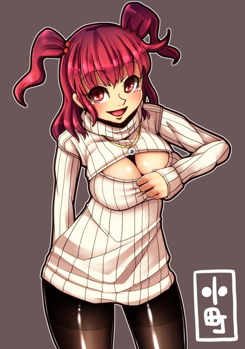 absurdres alternate_costume bad_id bad_pixiv_id black_legwear breasts cleavage cleavage_cutout grey_background hair_bobbles hair_ornament highres jewelry large_breasts long_sleeves meme_attire nanahi_toshi necklace no_pants onozuka_komachi open-chest_sweater open_mouth pantyhose pendant red_eyes red_hair ribbed_sweater simple_background smile solo sweater touhou turtleneck two_side_up