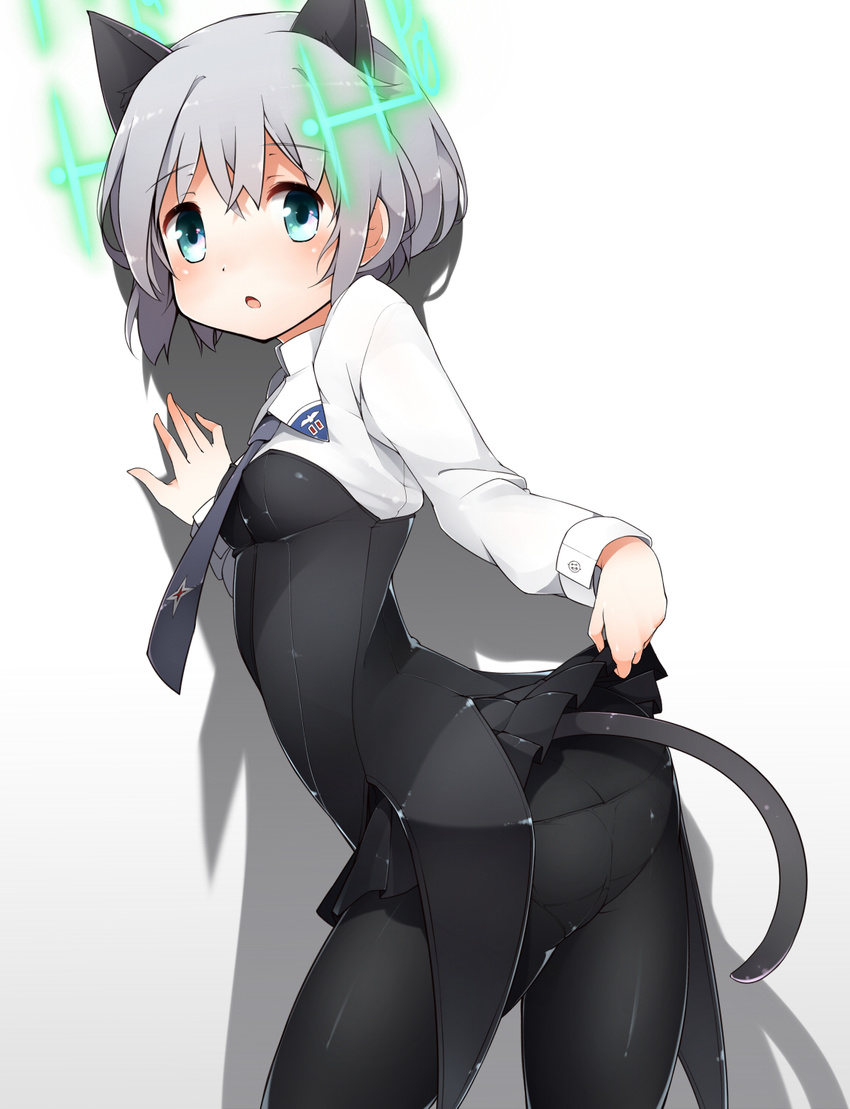 :o animal_ears aqua_eyes arched_back ass bad_id bad_pixiv_id black_legwear blush breasts cat_ears cat_tail cowboy_shot highres hirschgeweih_antennas kinakomoti looking_at_viewer military military_uniform panties panties_under_pantyhose pantyhose sanya_v_litvyak shadow short_hair silver_hair simple_background small_breasts solo strike_witches tail underwear uniform white_background world_witches_series