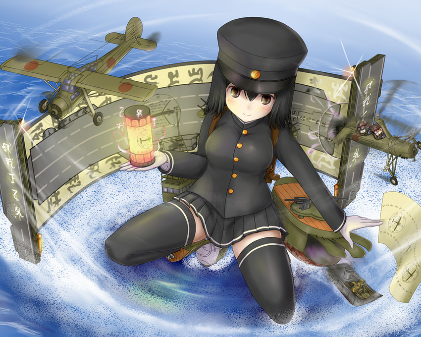 aircraft airplane akitsu_maru_(kantai_collection) autogyro aviator_cap backpack bag black_eyes black_hair black_legwear black_skirt blush breasts daihatsu_(landing_craft) em_s fairy_(kantai_collection) gloves goggles ground_vehicle hat ka_type_observation_autogyro kantai_collection kayaba_ka-1 kokusai_ki-76 lantern long_sleeves medium_breasts military military_hat military_uniform military_vehicle minigirl motor_vehicle ocean peaked_cap pleated_skirt randoseru remodel_(kantai_collection) shoes short_hair skirt smile sneakers squatting tank thighhighs type_95_ha-gou uniform white_gloves