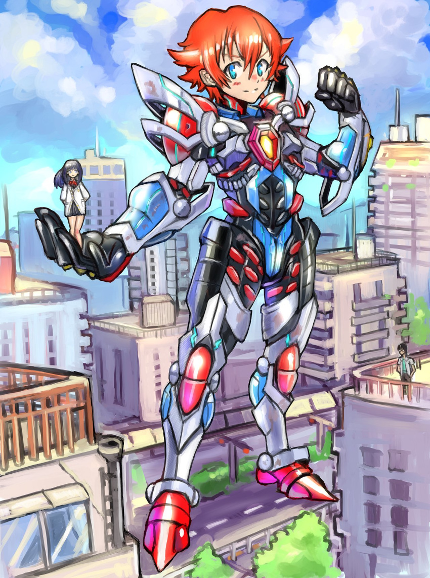 2boys blue_eyes building clenched_hand closed_mouth cloud cosplay giant gridman_(ssss) gridman_(ssss)_(cosplay) hands_in_pockets hibiki_yuuta highres male_focus multiple_boys oomasa_teikoku power_armor red_hair smile solo_focus ssss.gridman takarada_rikka utsumi_shou
