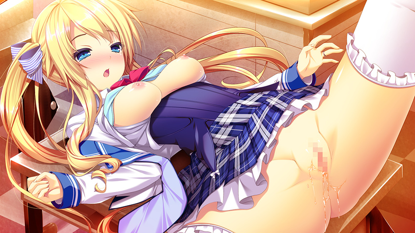 1girl areolae blonde_hair blue_eyes blush bra bra_lift breasts censored game_cg harvest_overray highres large_breasts legs long_hair looking_down lying mikami_lilia nipples nironiro no_panties open_clothes open_mouth pussy pussy_juice school_uniform skirt solo spread_legs table thighs twintails underwear usume_shirou wet