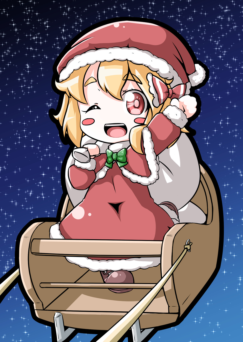 bag blonde_hair blush_stickers bow capelet dress hair_bow hat highres long_sleeves one_eye_closed open_mouth red_dress red_eyes roco_(katsuya1011) rumia santa_costume santa_hat sky sleigh smile solo star_(sky) starry_sky touhou
