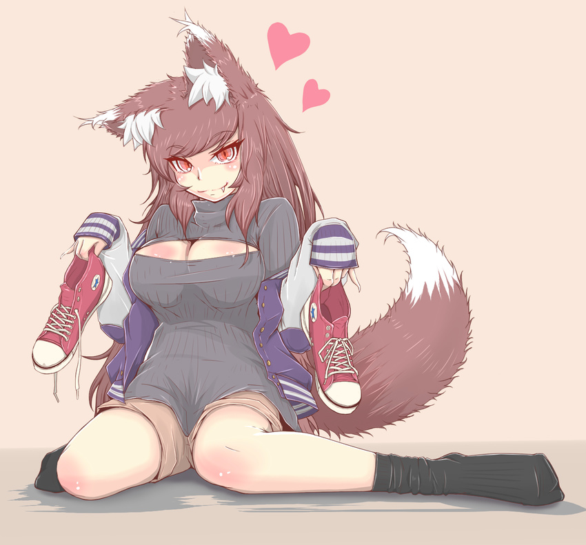 alternate_costume animal_ears breasts brown_hair cleavage cleavage_cutout converse cube85 fang fang_out fingernails heart highres imaizumi_kagerou jacket large_breasts long_fingernails long_hair looking_at_viewer meme_attire messy_hair open-chest_sweater red_eyes ribbed_sweater shoes shoes_removed shorts sitting sleeves_past_wrists smile sneakers socks solo sweater tail touhou turtleneck wariza wolf_ears wolf_tail