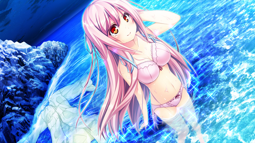 1girl blush bra breasts cleavage cloud clouds game_cg harvest_overray highres large_breasts long_hair looking_up navel night nironiro ocean panties pink_hair red_eyes sky smile solo standing tamaki_yuuka underwear usume_shirou water