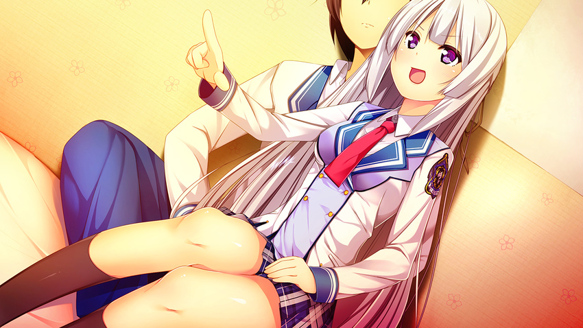 1girl bed breasts game_cg harvest_overray highres legs long_hair looking_away nironiro open_mouth pointing purple_eyes school_uniform sitting skirt small_breasts socks thighs usume_shirou white_hair