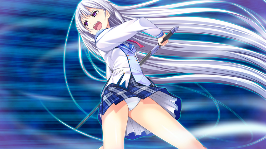 1girl breasts game_cg harvest_overray highres legs long_hair looking_away nironiro open_mouth panties purple_eyes school_uniform simple_background skirt small_breasts solo standing sword thighs underwear usume_shirou weapon white_hair white_panties