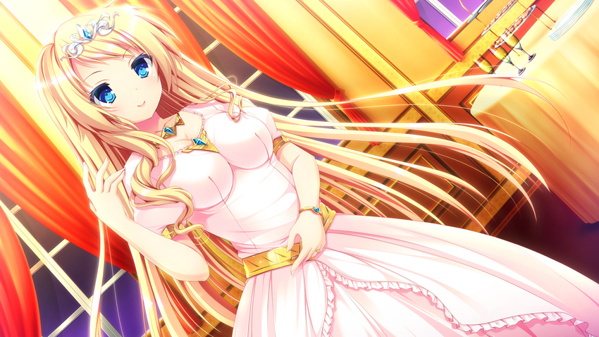 1girl blonde_hair blue_eyes blush breasts cleavage curtains dress game_cg harvest_overray highres jewelry large_breasts long_hair looking_away mikami_lilia nironiro smile solo standing table twintails usume_shirou window