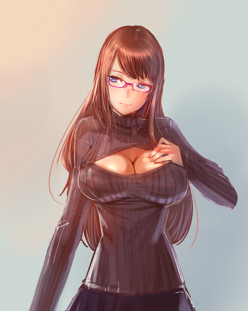 blue_eyes bow_(bhp) breasts brown_hair cleavage cleavage_cutout glasses highres large_breasts lips long_hair meme_attire open-chest_sweater original ribbed_sweater solo sweater turtleneck