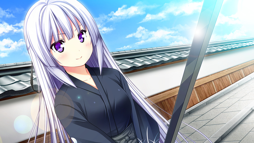 1girl blush breasts cloud clouds game_cg harvest_overray highres japanese_clothes large_breasts long_hair looking_away nironiro purple_eyes sky smile solo standing sword usume_shirou weapon white_hair