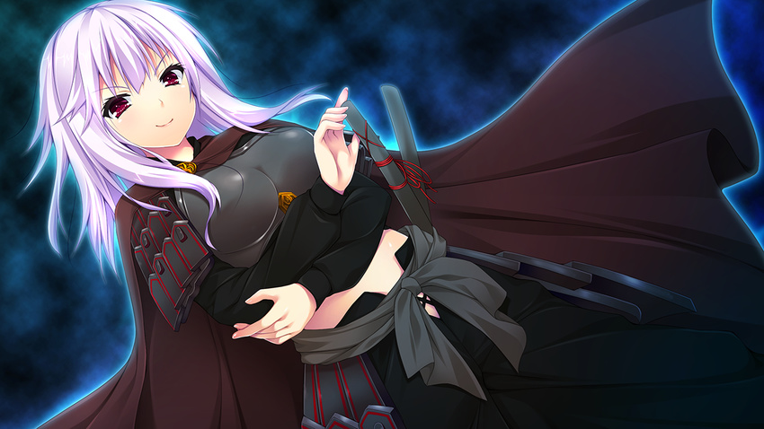 1girl armor breasts cape game_cg harvest_overray highres large_breasts long_hair looking_at_viewer nironiro purple_hair red_eyes simple_background smile solo standing sword usume_shirou weapon