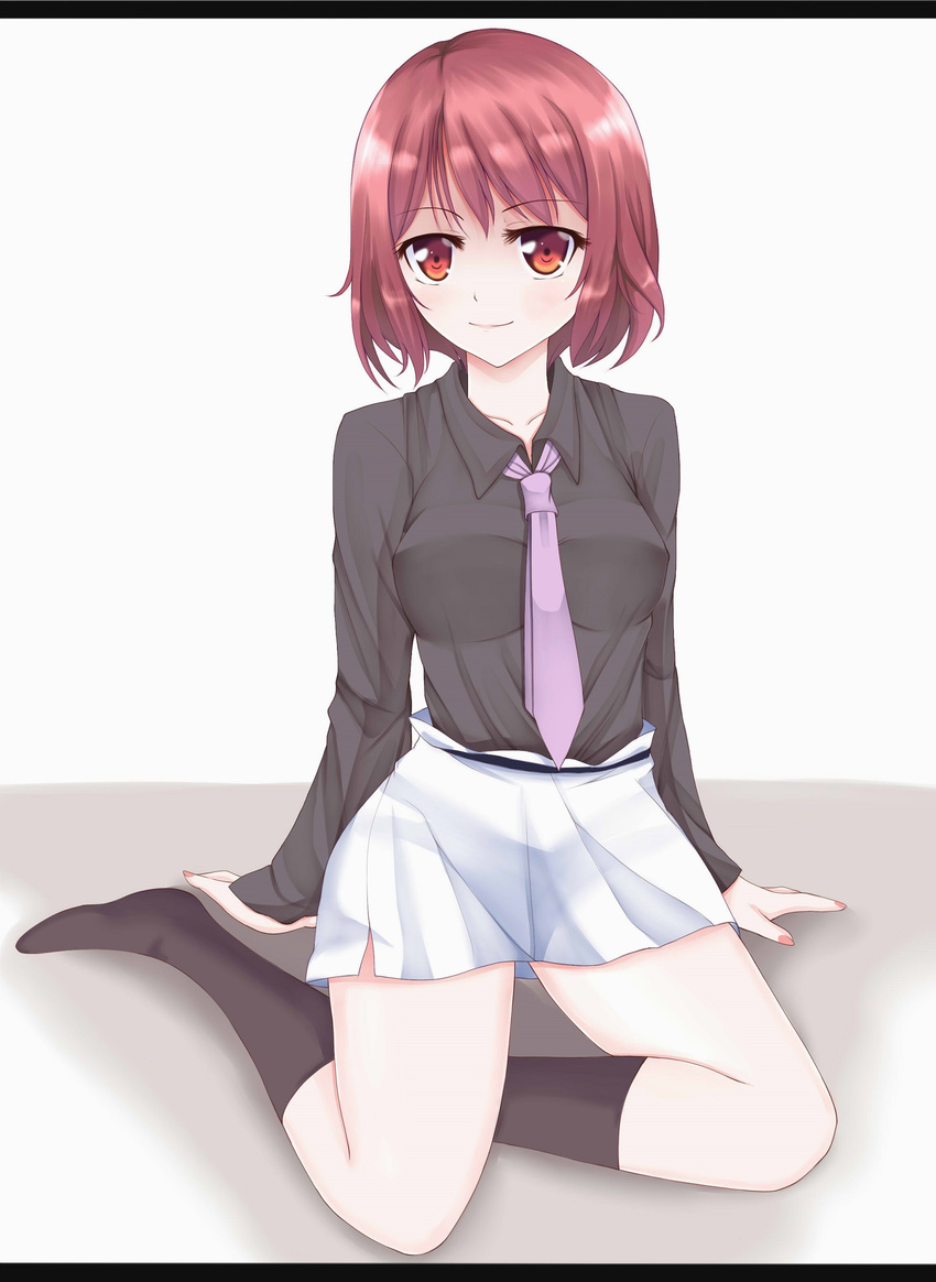 absurdres bad_id bad_pixiv_id highres horikawa_raiko letterboxed necktie purple_neckwear red_eyes red_hair shirt short_hair sitting skirt smile solo touhou wendell yokozuwari