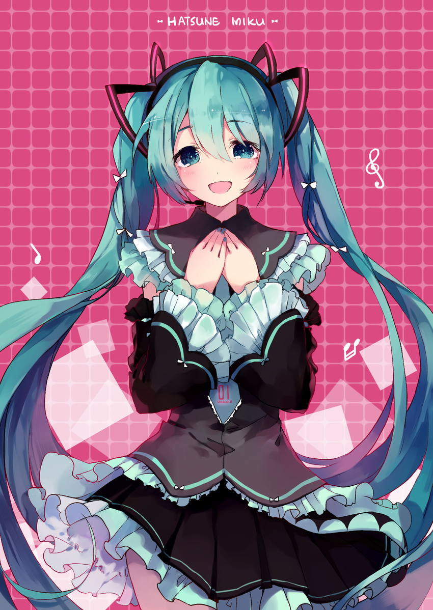 :d aqua_eyes aqua_hair beamed_sixteenth_notes character_name detached_sleeves frills hands_on_own_chest happy hatsune_miku highres long_hair looking_at_viewer musical_note open_mouth pleated_skirt quarter_note ribbon shuzi skirt smile solo treble_clef twintails vocaloid