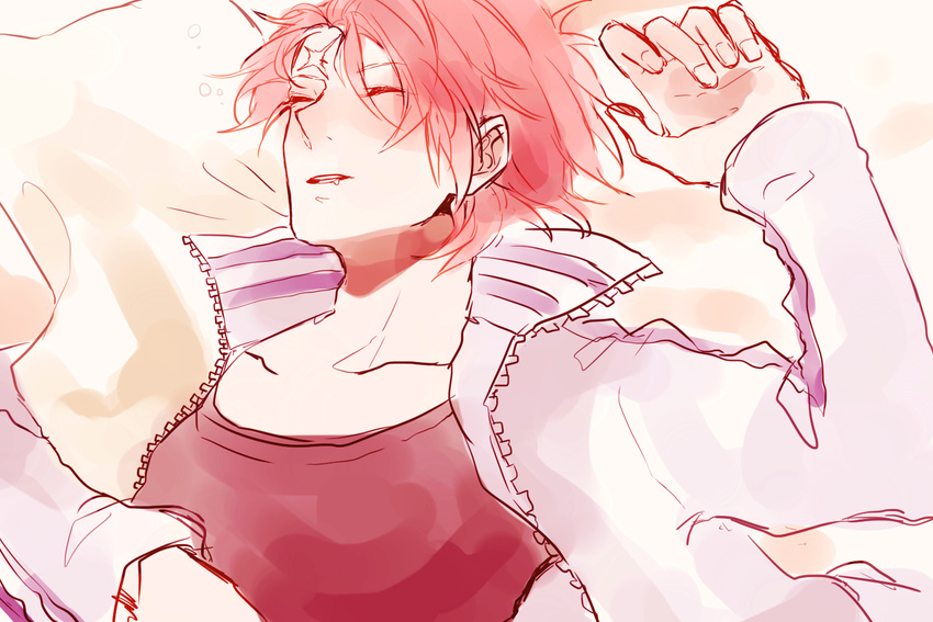 1boy eyes_closed kobi mako1124 male male_focus marine on_back one_piece parted_lips pink_hair sleeping solo