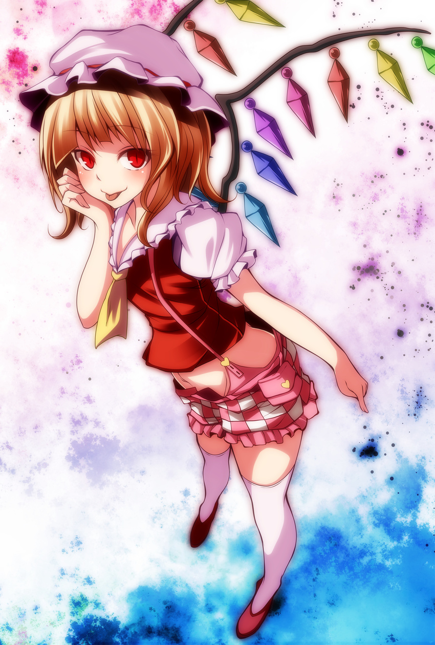 bad_id bad_pixiv_id blonde_hair blush flandre_scarlet frilled_sleeves frills hat highres looking_at_viewer midriff red_eyes s-syogo short_hair short_sleeves skirt solo suspenders thighhighs tongue tongue_out touhou white_legwear wings