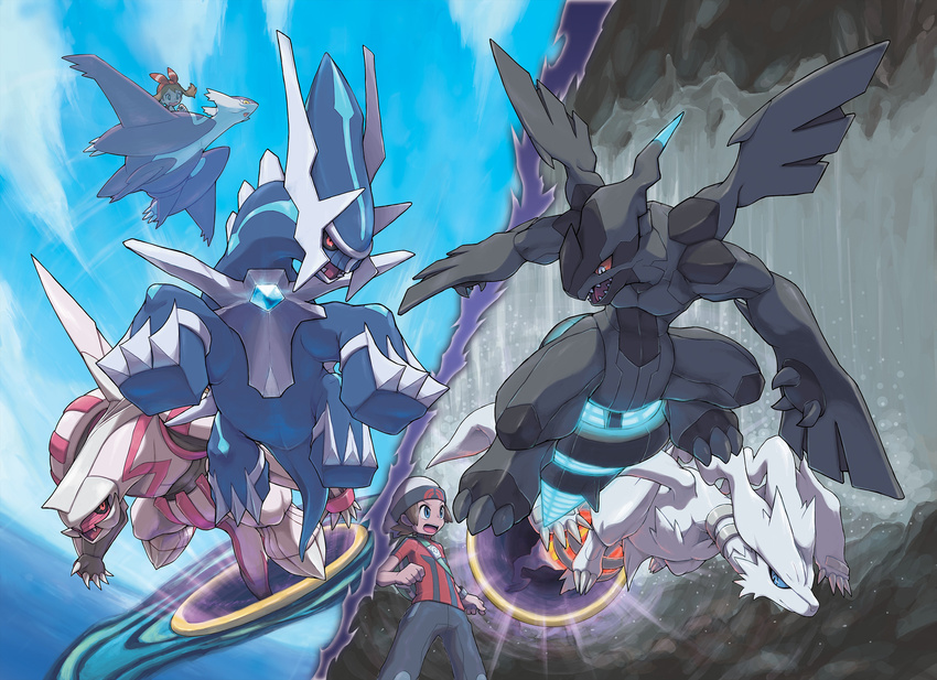 1boy 1girl blue_eyes brown_hair dialga highres official_art palkia pokemon pokemon_(game) pokemon_oras reshiram zekrom