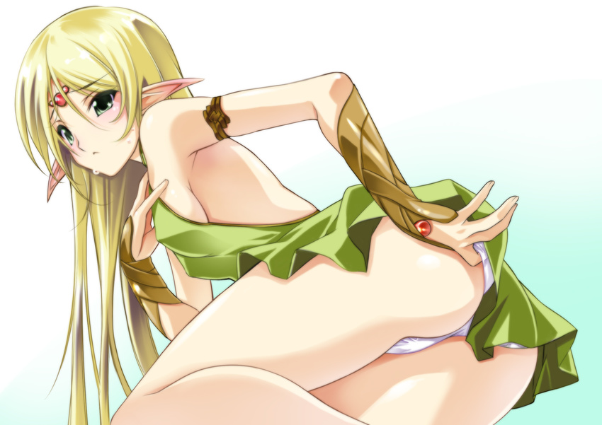 adjusting_clothes adjusting_panties armlet ass bare_shoulders blonde_hair breasts circlet deedlit elf green_eyes hand_on_own_chest long_hair panties pointy_ears record_of_lodoss_war senomoto_hisashi sideboob small_breasts solo underwear vambraces white_panties