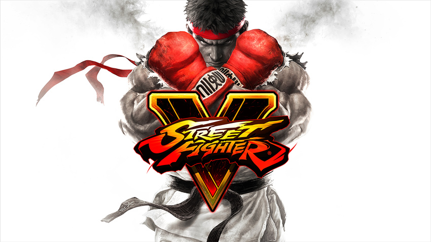 copyright_name dougi eyebrows fighting_stance gloves headband male_focus muscle nose official_art realistic red_gloves ryuu_(street_fighter) serious solo spot_color street_fighter street_fighter_v thick_eyebrows