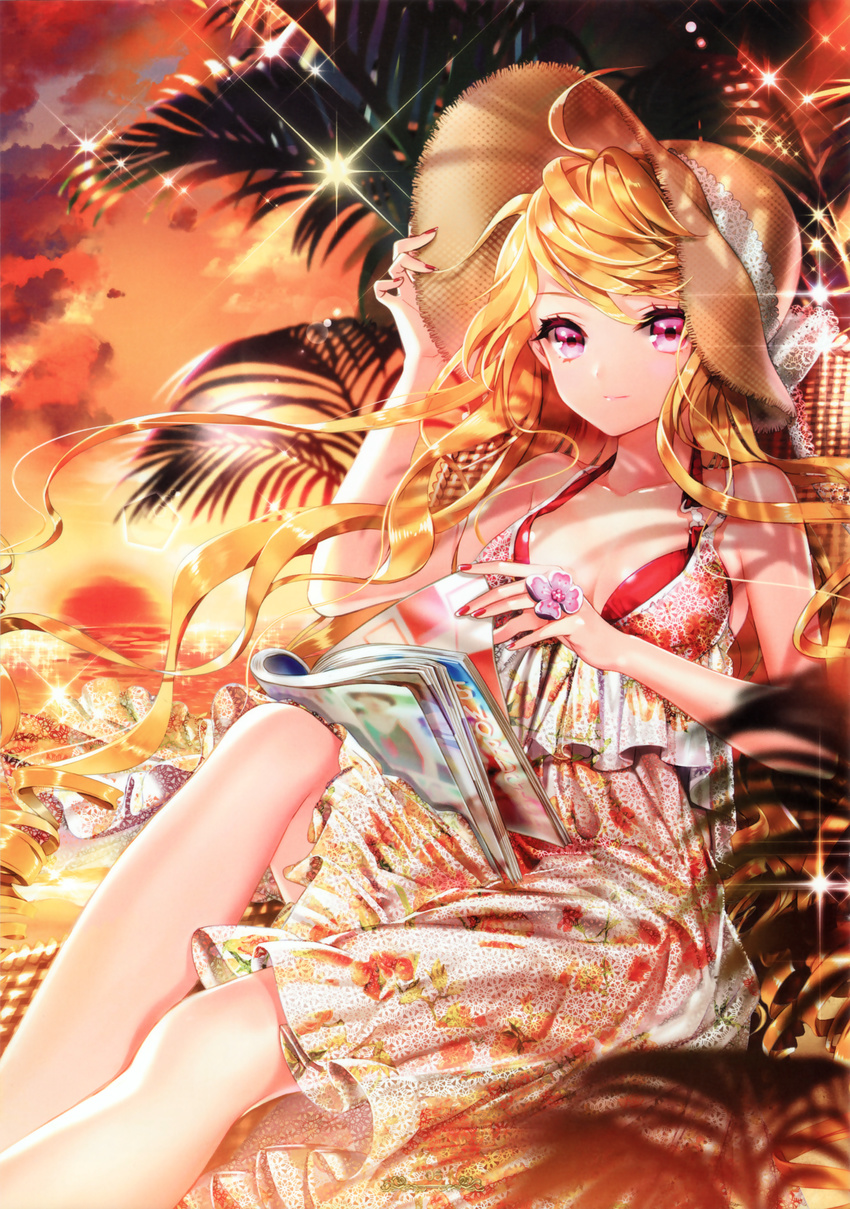 absurdres bare_shoulders bikini blonde_hair book breasts cinia_pacifica cocoon_(loveririn) collarbone dress floral_print hat highres light_rays looking_at_viewer magazine medium_breasts open_book palm_tree plant reading red_bikini red_eyes sitting sleeveless sleeveless_dress sparkle sun_hat swimsuit swimsuit_under_clothes sword_girls tree white_dress