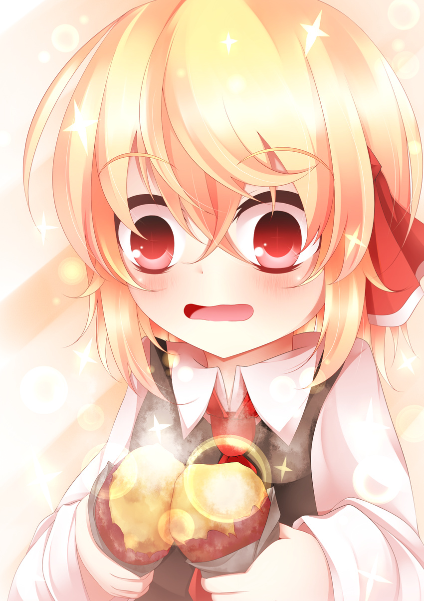 blonde_hair food hair_ribbon highres holding kuroyume_(dark495) looking_at_viewer red_eyes ribbon rumia short_hair solo sparkle sweet_potato touhou yakiimo