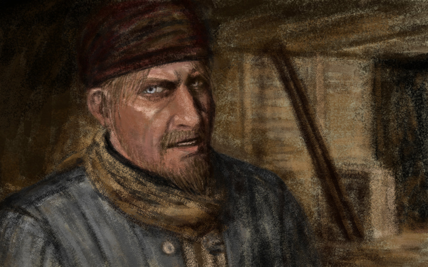 abramgrosky_(aby) bandana beard blue_eyes brown_hair call_of_duty call_of_duty:_black_ops coat facial_hair grey_hair gulag highres male_focus mustache open_mouth portrait solo traditional_media viktor_reznov