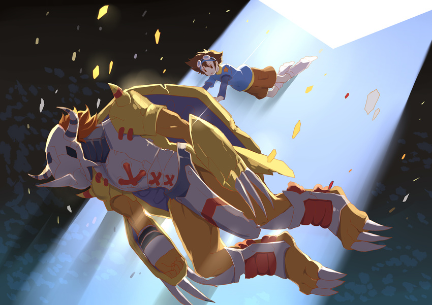 absurdres brown_eyes brown_hair casual claws digimon digimon_adventure digimon_adventure:_bokura_no_war_game falling goggles goggles_on_head greetload highres open_mouth shirt shorts socks t-shirt wargreymon white_legwear yagami_taichi