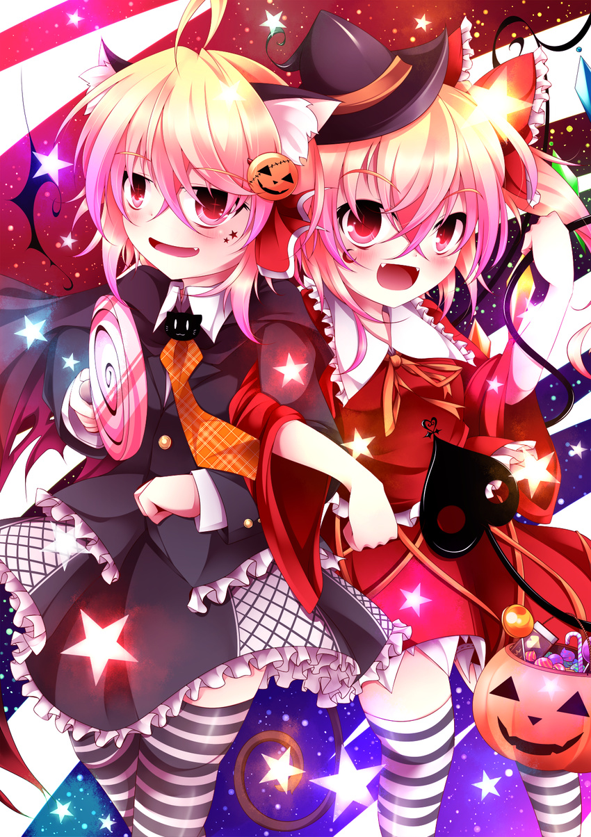 :d animal_ears arm_hug blonde_hair candy cape cat_ears cat_tail fang fangs flandre_scarlet food hair_ribbon halloween highres holding kemonomimi_mode kuroyume_(dark495) laevatein lollipop long_hair looking_at_viewer multiple_girls open_mouth red_eyes ribbon rumia short_hair smile striped striped_legwear tail thighhighs touhou wings zettai_ryouiki