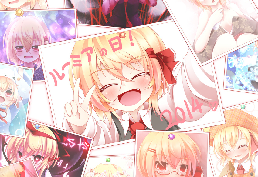 :d ^_^ annotated bespectacled blonde_hair closed_eyes glasses hair_ornament hair_ribbon hairclip highres kuroyume_(dark495) looking_at_viewer open_mouth photo_(object) red_eyes ribbon rumia short_hair smile touhou translated