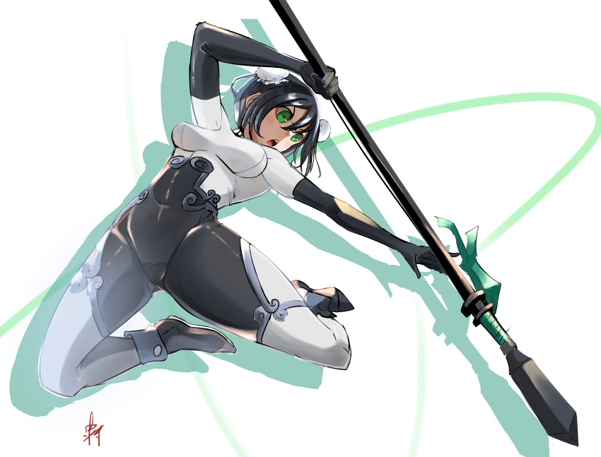 1girl absurdres bangs black_footwear black_gloves black_hair bodysuit breasts bun_cover cameltoe chinese_clothes commentary_request covered_navel double_bun erect_nipples eyebrows_visible_through_hair fate/grand_order fate_(series) fighting_stance gloves gluteal_fold green_eyes highres holding holding_weapon ikeshiki-chuujou medium_breasts midair open_mouth polearm qin_liangyu_(fate) shoes sidelocks simple_background skin_tight solo spear spread_legs taut_clothes thighs upper_teeth v-shaped_eyebrows weapon white_background white_bodysuit