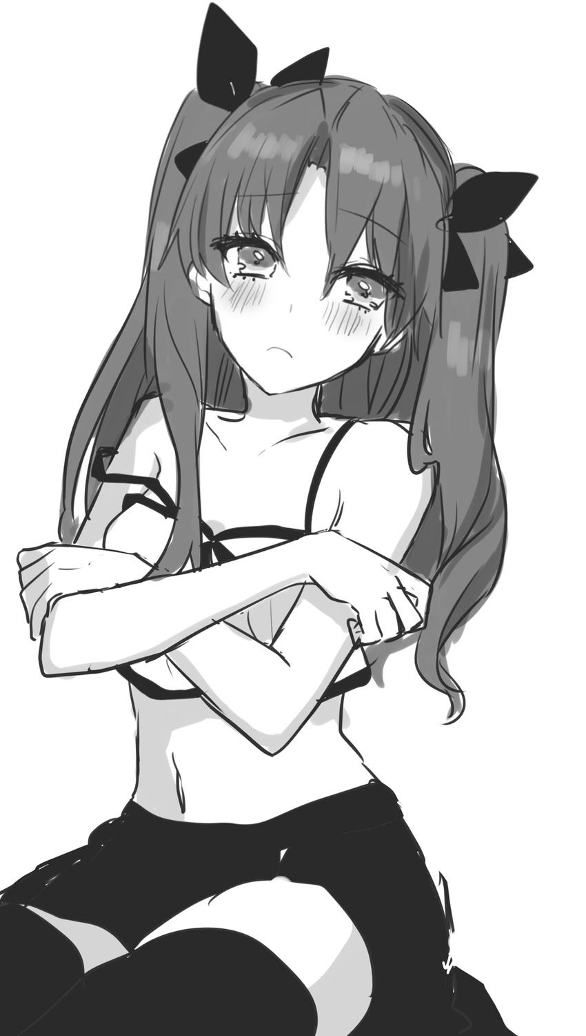 bad_id bad_pixiv_id blush bow camisole covering covering_breasts fate/stay_night fate_(series) frown greyscale hair_bow highres long_hair midriff monochrome navel sakura_yuki_(clochette) skirt solo strap_slip thighhighs toosaka_rin two_side_up zettai_ryouiki