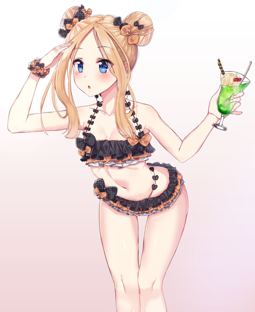 1girl :o abigail_williams_(fate/grand_order) absurdres arm_up bangs bent_over bikini black_bow blonde_hair blue_eyes bow breasts collarbone cup double_bun eyebrows_visible_through_hair fate/grand_order fate_(series) frilled_bikini frills gradient gradient_background hair_bow highres holding holding_cup jjkl9195 navel open_mouth orange_bow parted_bangs polka_dot polka_dot_bow scrunchie short_hair_with_long_locks sidelocks small_breasts solo spoon standing swimsuit white_background wrist_scrunchie